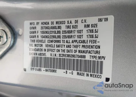 2009 Honda Cr-V Ex z USA, uszkodzony, nr VIN 3CZRE38539G704688